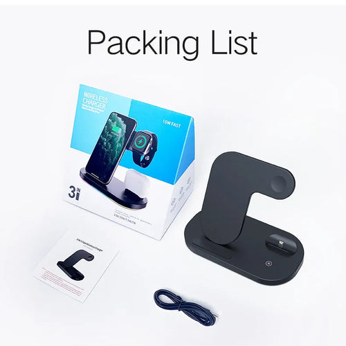 Black and white 3-in-1 foldable wireless charging station for Apple iPhone, AirPods, and Watch