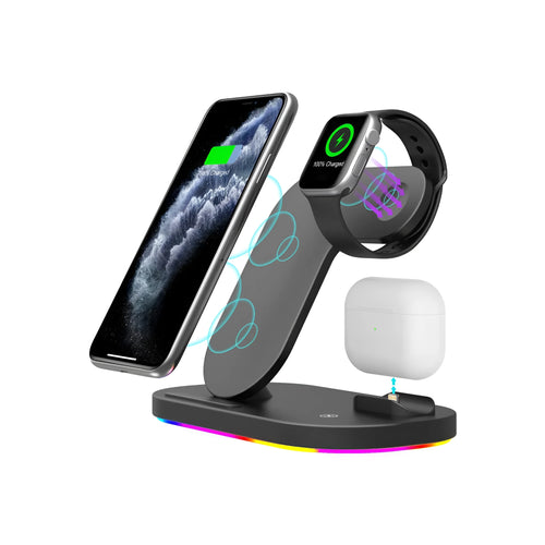 Black and white 3-in-1 foldable wireless charging station for Apple iPhone, AirPods, and Watch
