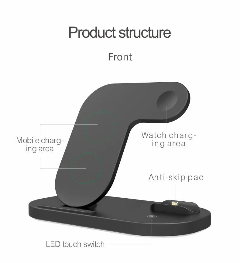 Black and white 3-in-1 foldable wireless charging station for Apple iPhone, AirPods, and Watch