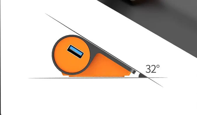 Dark grey aluminium USB hub with orange accents showing four USB 3.1 ports and separate data cable