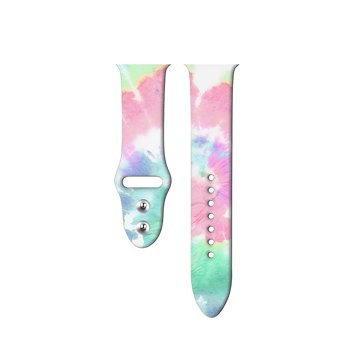 Silicone Apple Watch band showing tie-dye pattern options for 38mm and 42mm watches