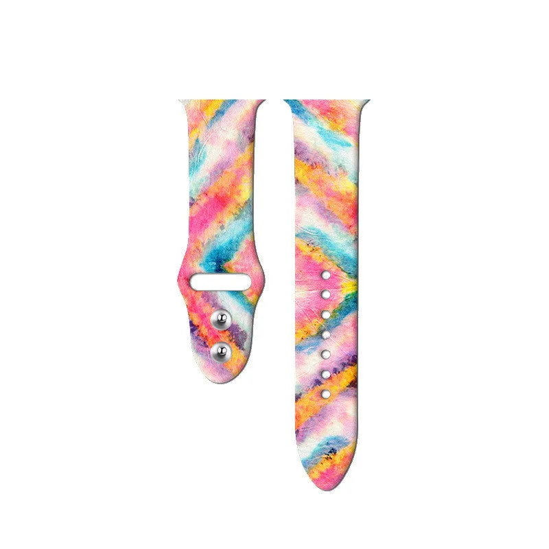 Silicone Apple Watch band showing tie-dye pattern options for 38mm and 42mm watches