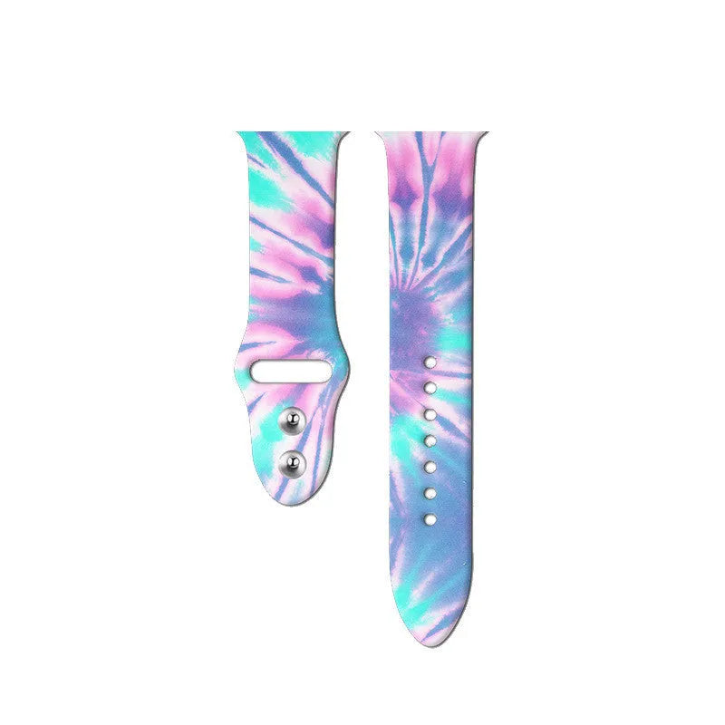 Silicone Apple Watch band showing tie-dye pattern options for 38mm and 42mm watches