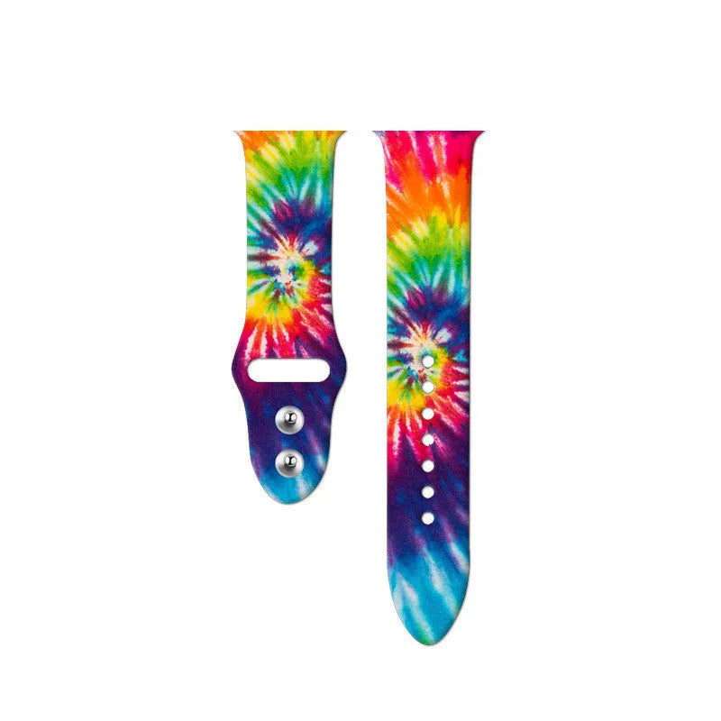 Silicone Apple Watch band showing tie-dye pattern options for 38mm and 42mm watches