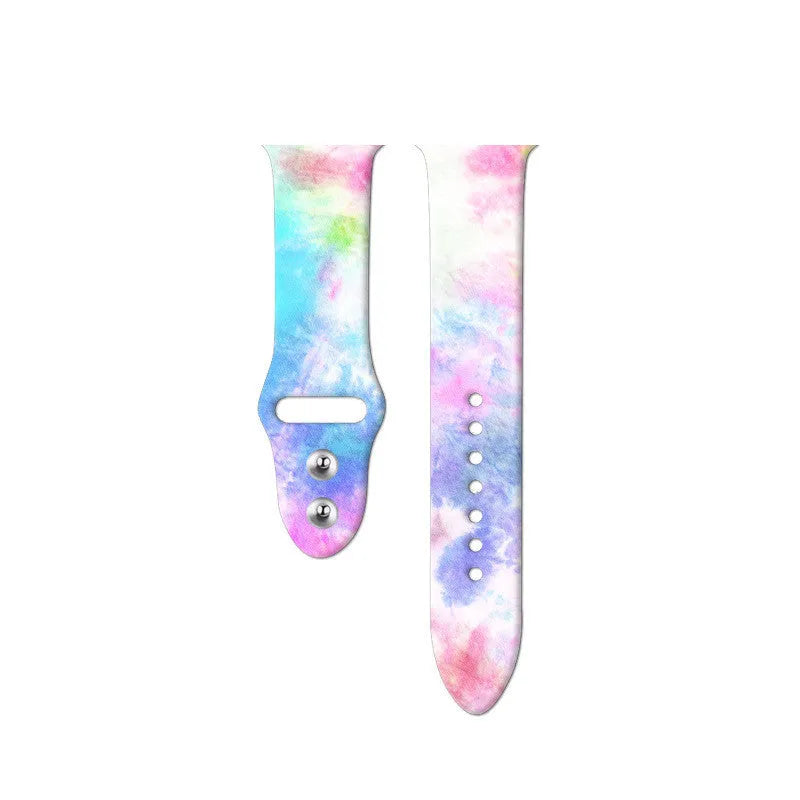 Silicone Apple Watch band showing tie-dye pattern options for 38mm and 42mm watches