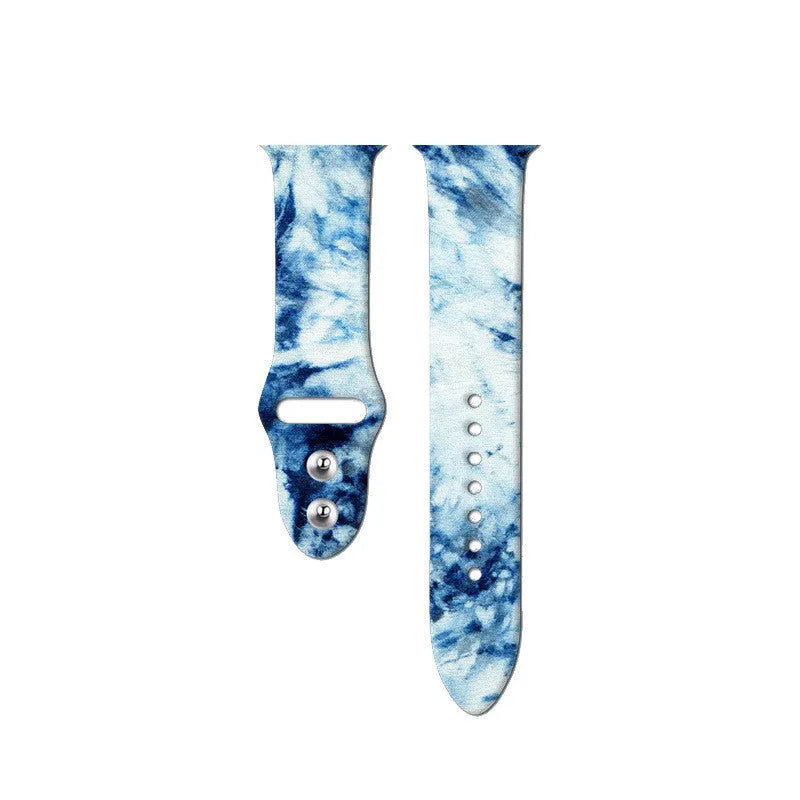 Silicone Apple Watch band showing tie-dye pattern options for 38mm and 42mm watches