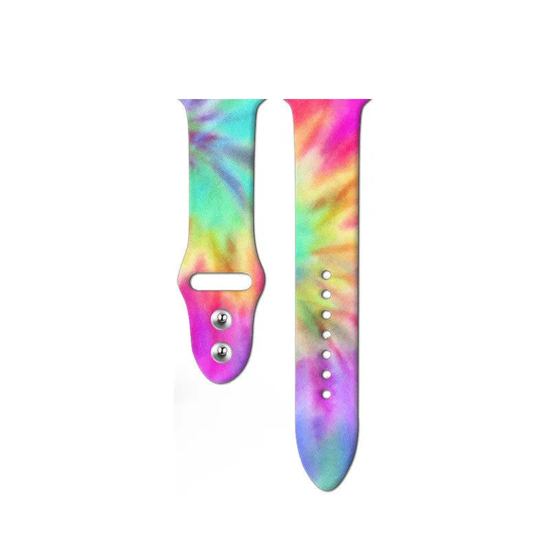 Silicone Apple Watch band showing tie-dye pattern options for 38mm and 42mm watches