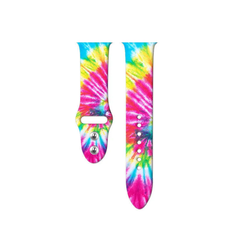 Silicone Apple Watch band showing tie-dye pattern options for 38mm and 42mm watches