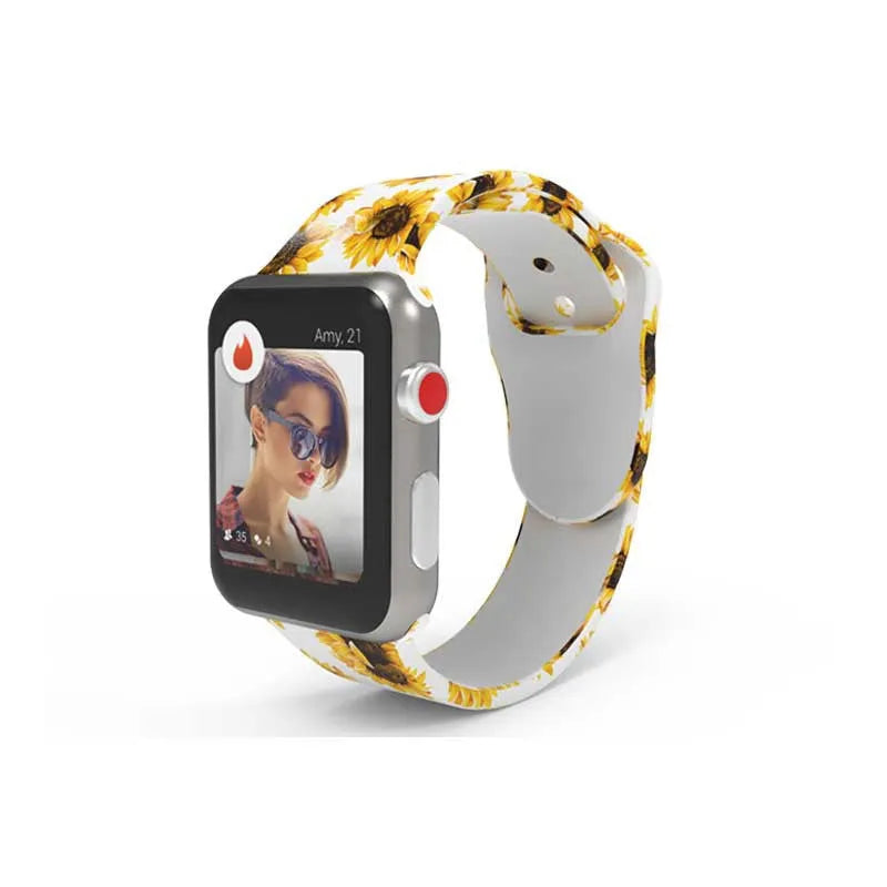 Silicone Apple Watch band showing tie-dye pattern options for 38mm and 42mm watches