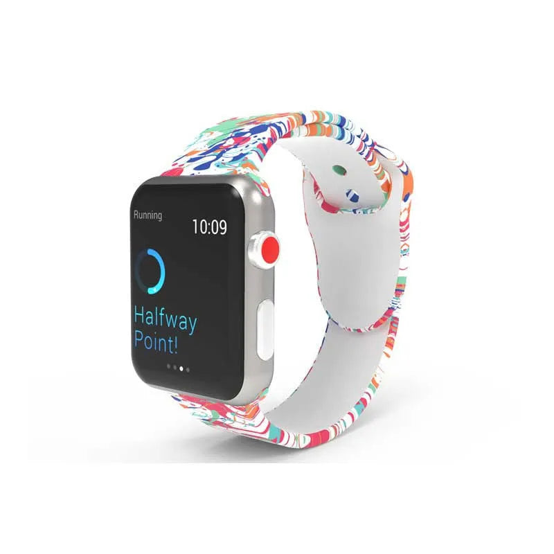 Silicone Apple Watch band showing tie-dye pattern options for 38mm and 42mm watches