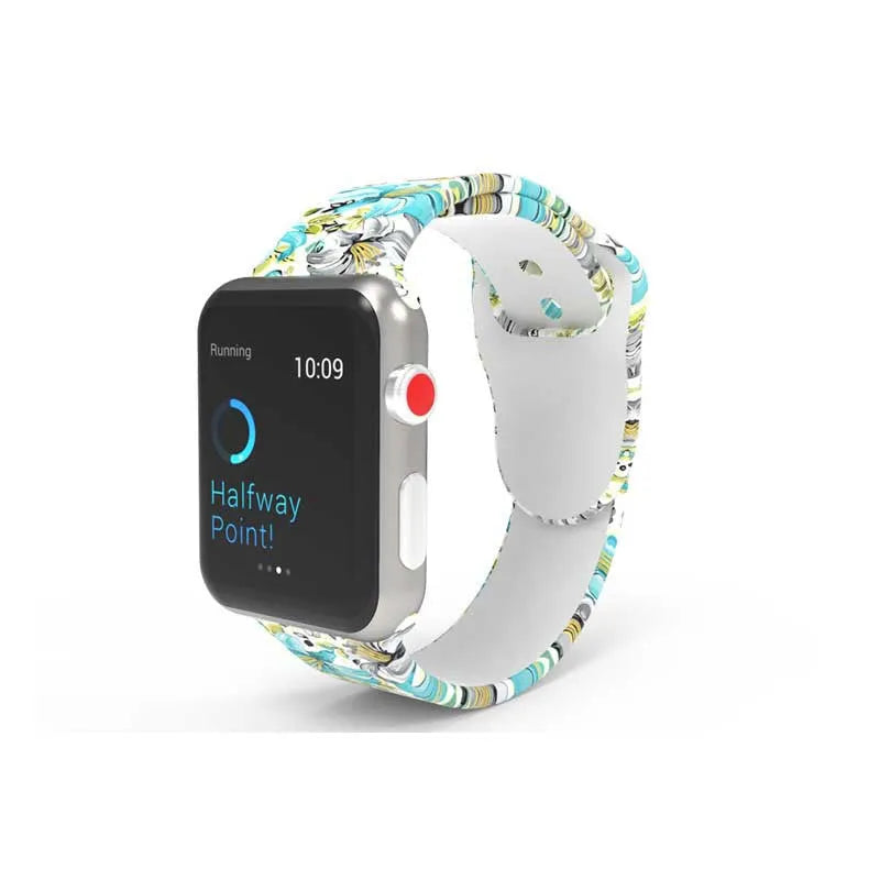 Silicone Apple Watch band showing tie-dye pattern options for 38mm and 42mm watches