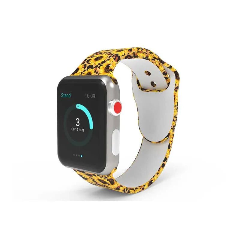 Silicone Apple Watch band showing tie-dye pattern options for 38mm and 42mm watches