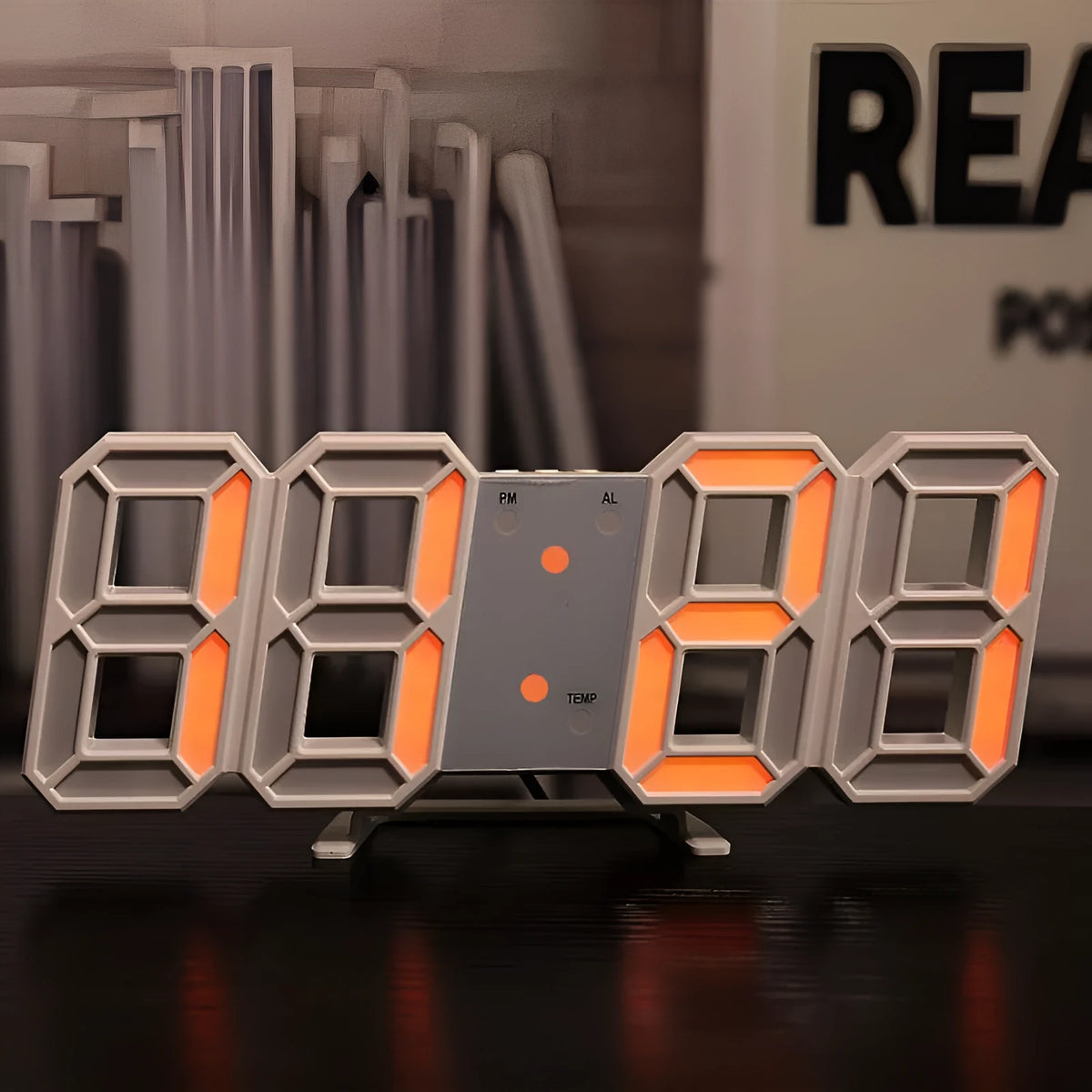 Three-dimensional wall clock silent digital alarm clock with thermometer and perpetual calendar in a rectangular plastic frame, 235x93x18mm