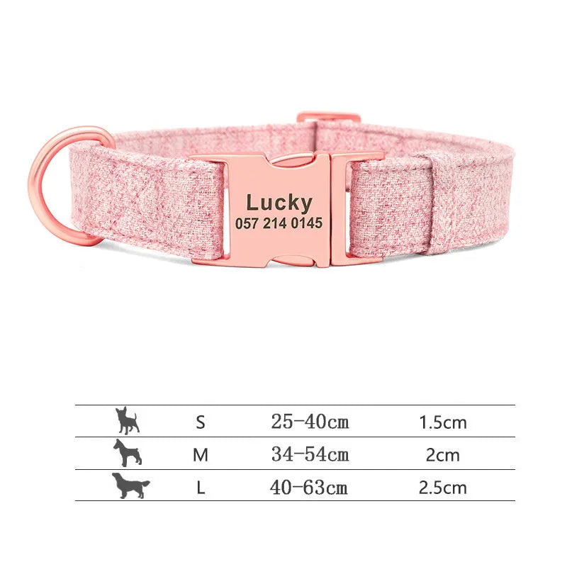 Engraved anti-lost dog collar in pink, blue, grey or brown non-woven fabric, sizes S M L, with optional towing rope