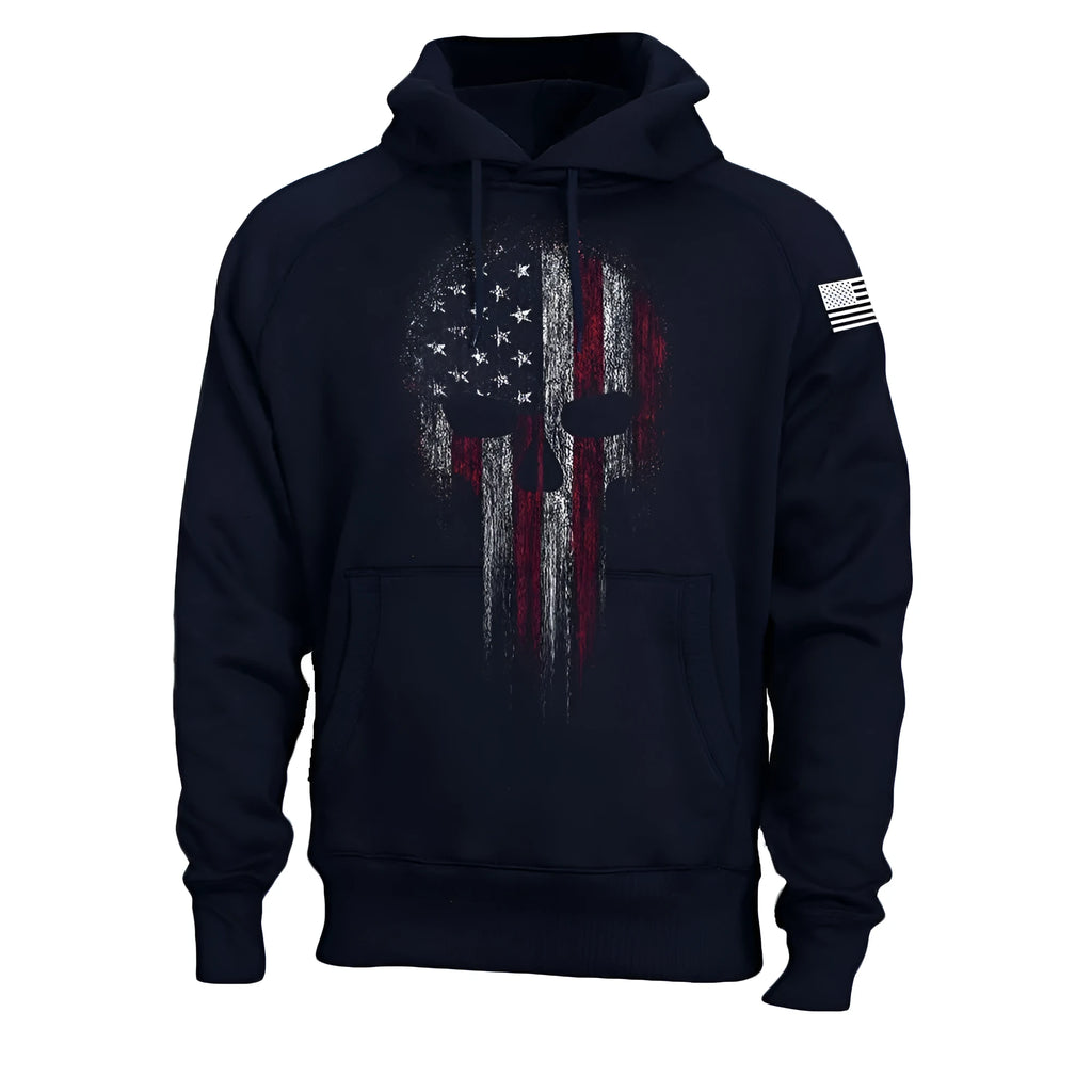 Men's black hooded sweatshirt with 3D print design, long sleeves, loose fit, and patch pocket