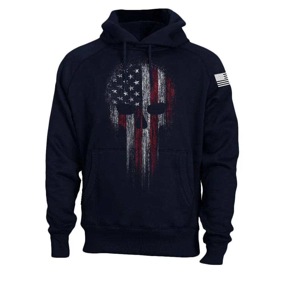 Men's black hooded sweatshirt with 3D print design, long sleeves, loose fit, and patch pocket