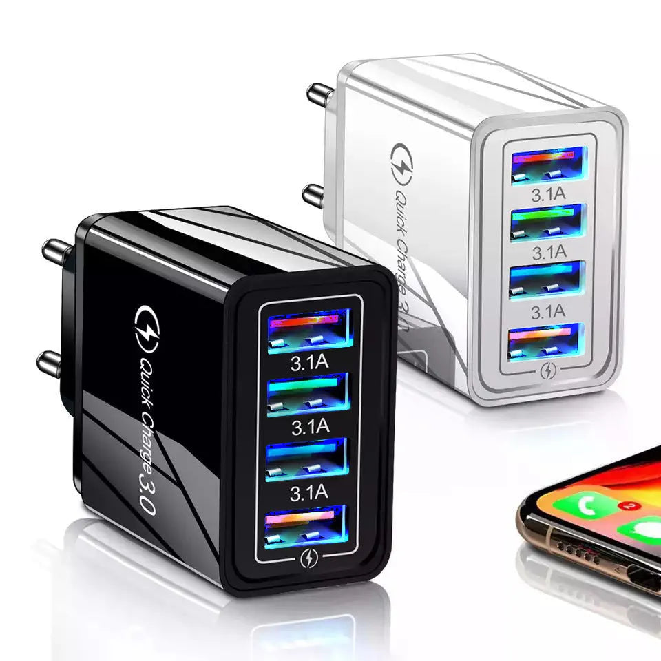 Simple Luminous 4 USB mobile phone charger with LED indicator in multiple colour options
