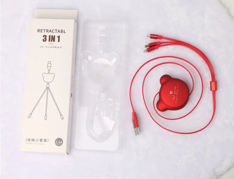 Telescopic bear-shaped data cable with three connectors extended to 1.2 metres