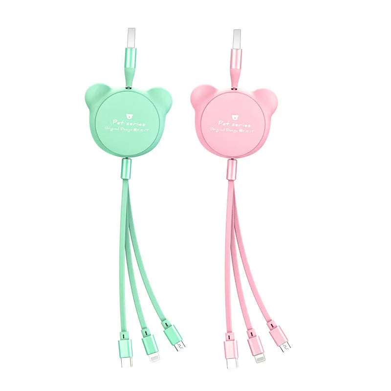 Telescopic bear-shaped data cable with three connectors extended to 1.2 metres