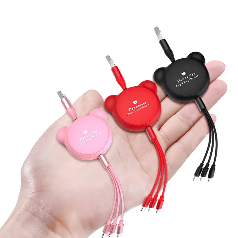 Telescopic bear-shaped data cable with three connectors extended to 1.2 metres