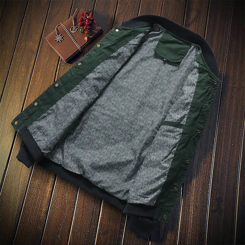 Men's Korean style single-breasted casual jacket in cotton with colour-blocked blue and green pattern, lightweight design for daily wear