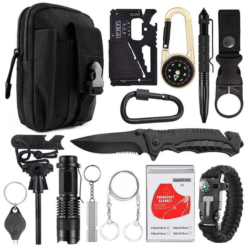 Compact multifunctional survival tool measuring 17.5x12x6cm for camping and SOS self-defence