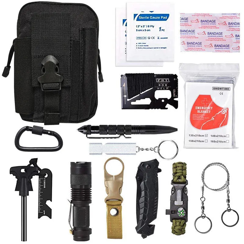 Compact multifunctional survival tool measuring 17.5x12x6cm for camping and SOS self-defence