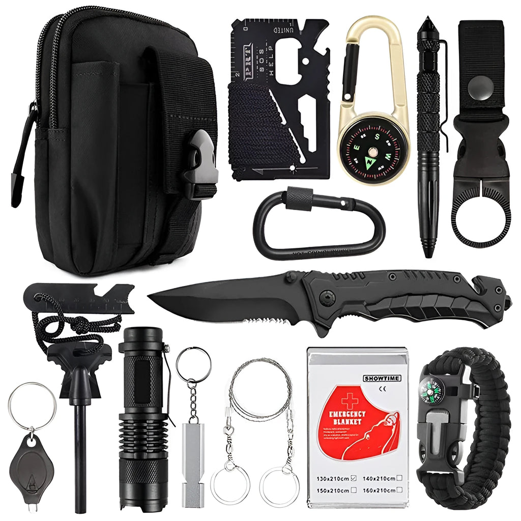 Compact multifunctional survival tool measuring 17.5x12x6cm for camping and SOS self-defence