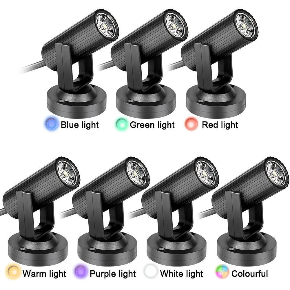 Black plastic 1W RGBW LED pinspot stage spotlight on a white background.