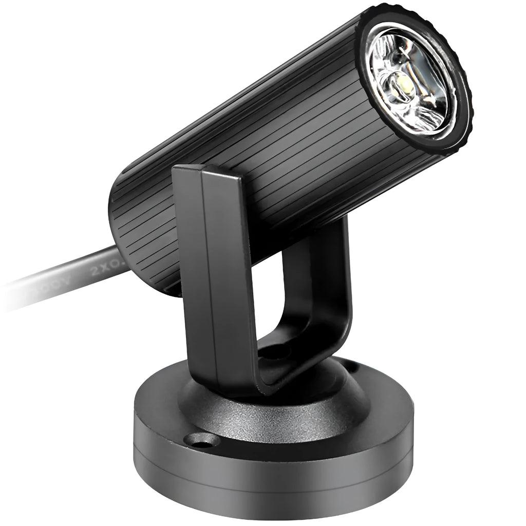 Black plastic 1W RGBW LED pinspot stage spotlight on a white background.