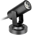 Black plastic 1W RGBW LED pinspot stage spotlight on a white background.