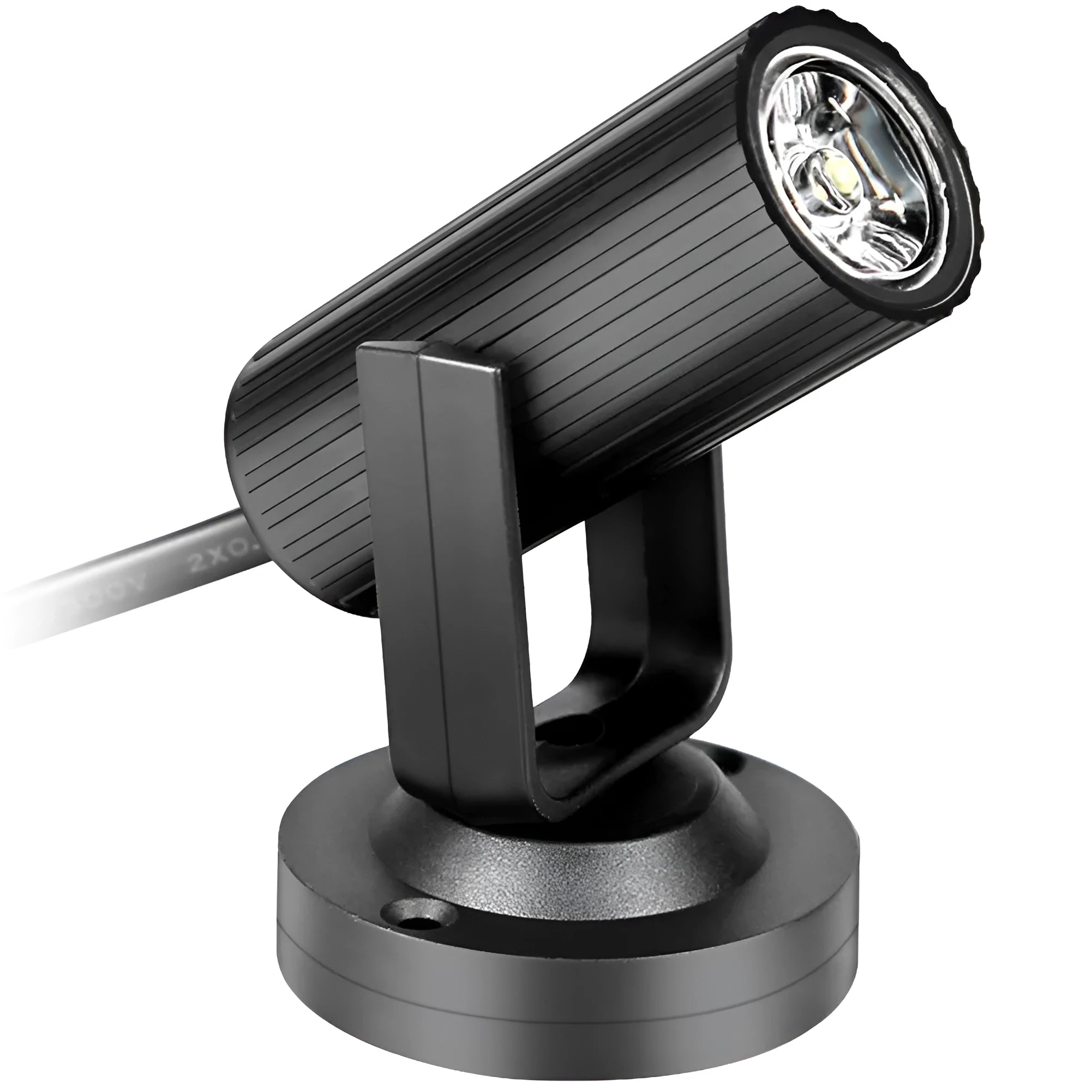 Black plastic 1W RGBW LED pinspot stage spotlight on a white background.