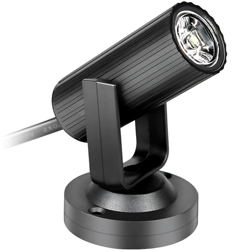 Black plastic 1W RGBW LED pinspot stage spotlight on a white background.
