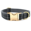 Grey plaid nylon dog collar with golden metal button, adjustable S to XL, matching lead option