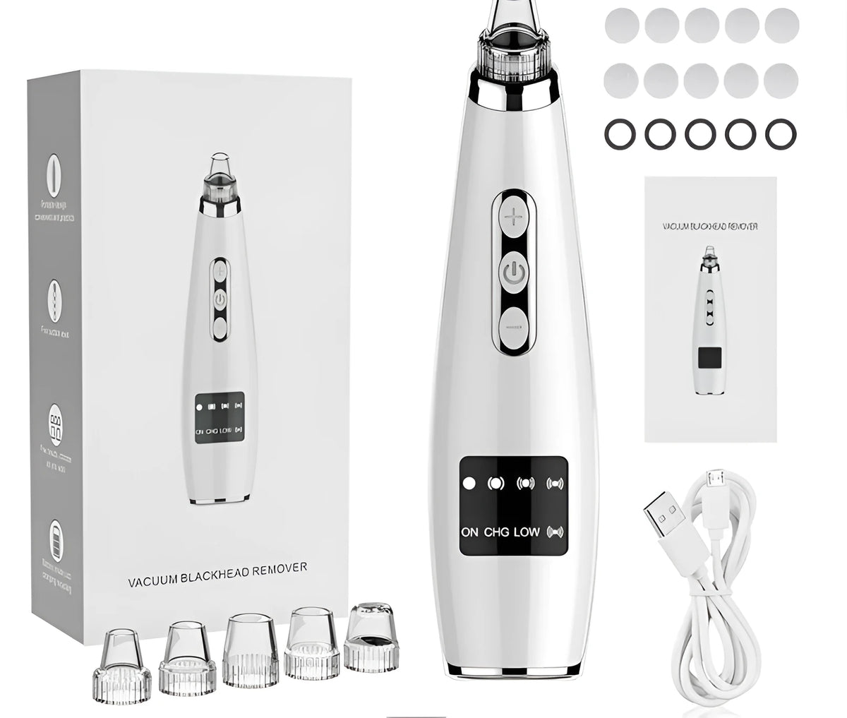 Black electric blackhead suction instrument with USB power, 5-gear suction, 450mAh battery, 133g, 173x44x40mm