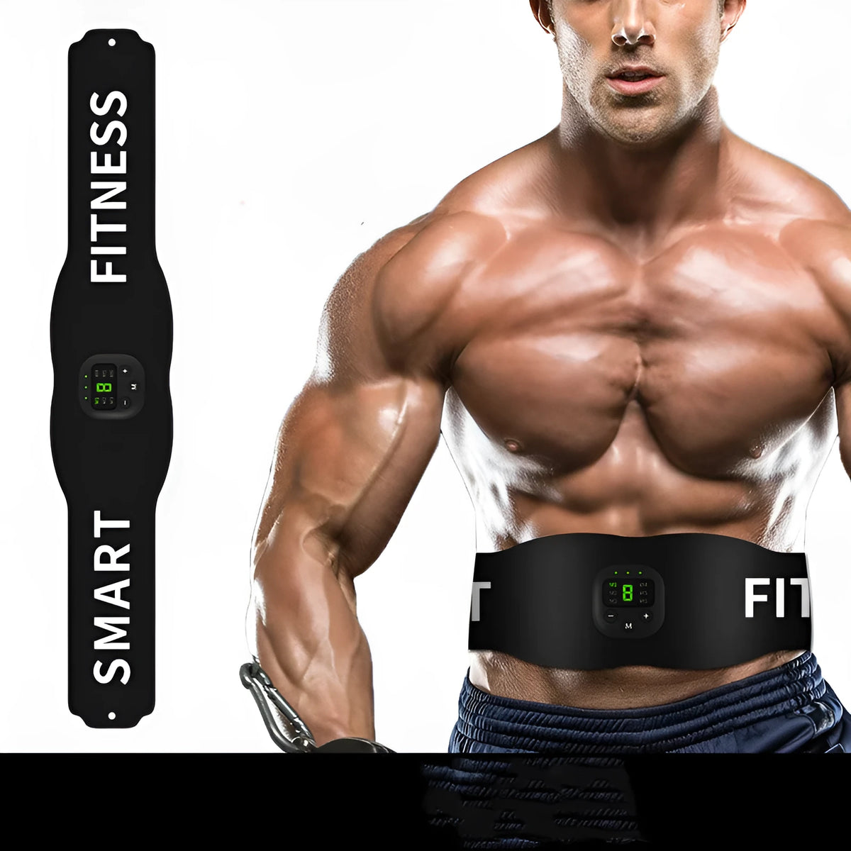 Anmeier FS88 black EMS muscle stimulator belt with LED display on a flat surface