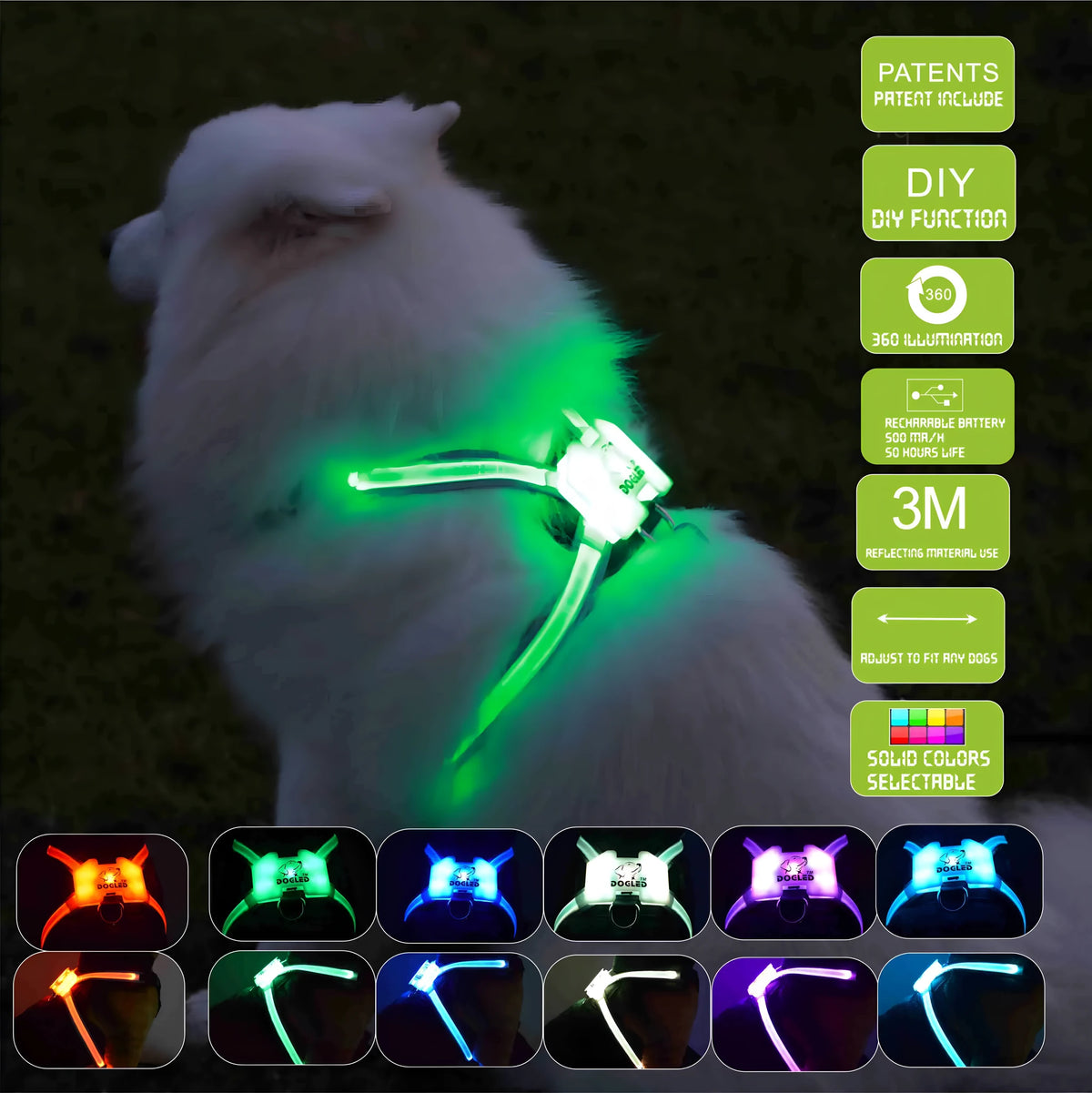 USB rechargeable LED luminous silicone dog collar with 7 colour modes, suitable for small to large dogs