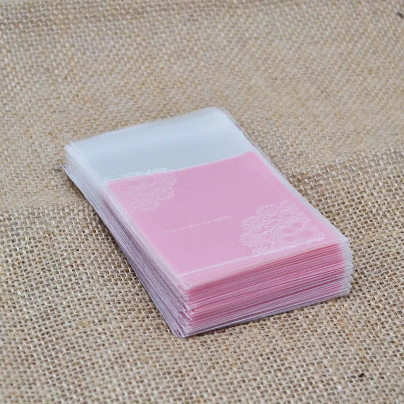 Pink self-adhesive plastic packaging bag for handmade soap measuring 7x7+3cm
