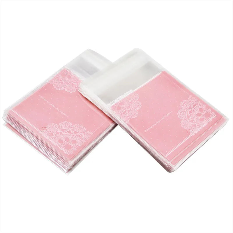 Pink self-adhesive plastic packaging bag for handmade soap measuring 7x7+3cm