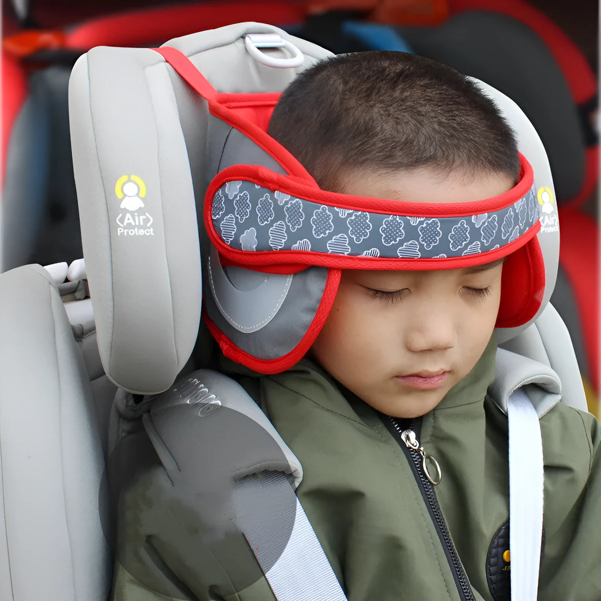 Children's car travel sleeping pillow in peacock blue with polyester cover and sponge filler headrest
