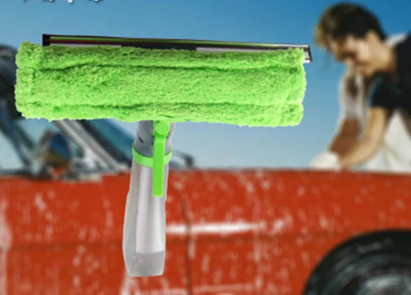 Multi-function car wash brush with water spray in green colour for vehicle and household glass cleaning