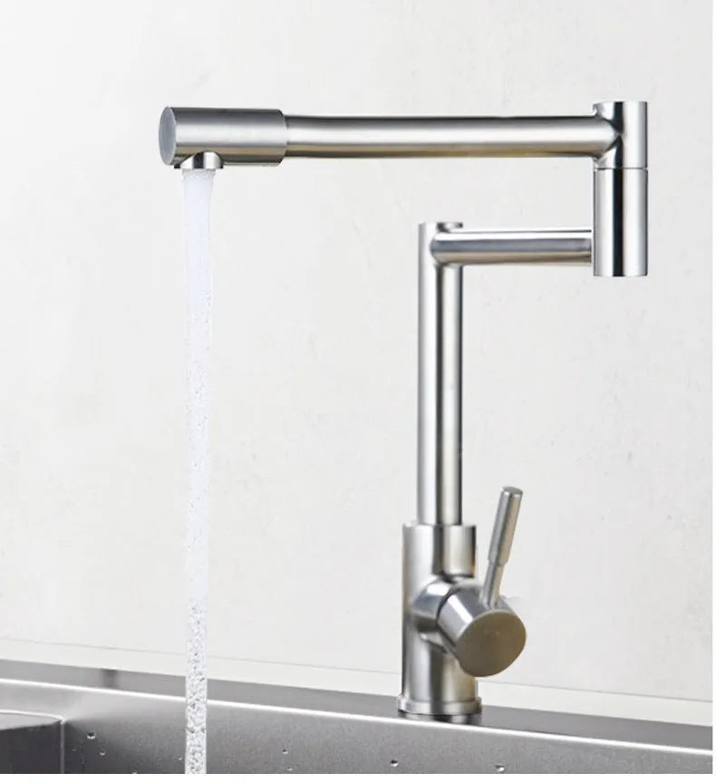 Silver stainless steel kitchen mixer tap with rotating spout and lift handle