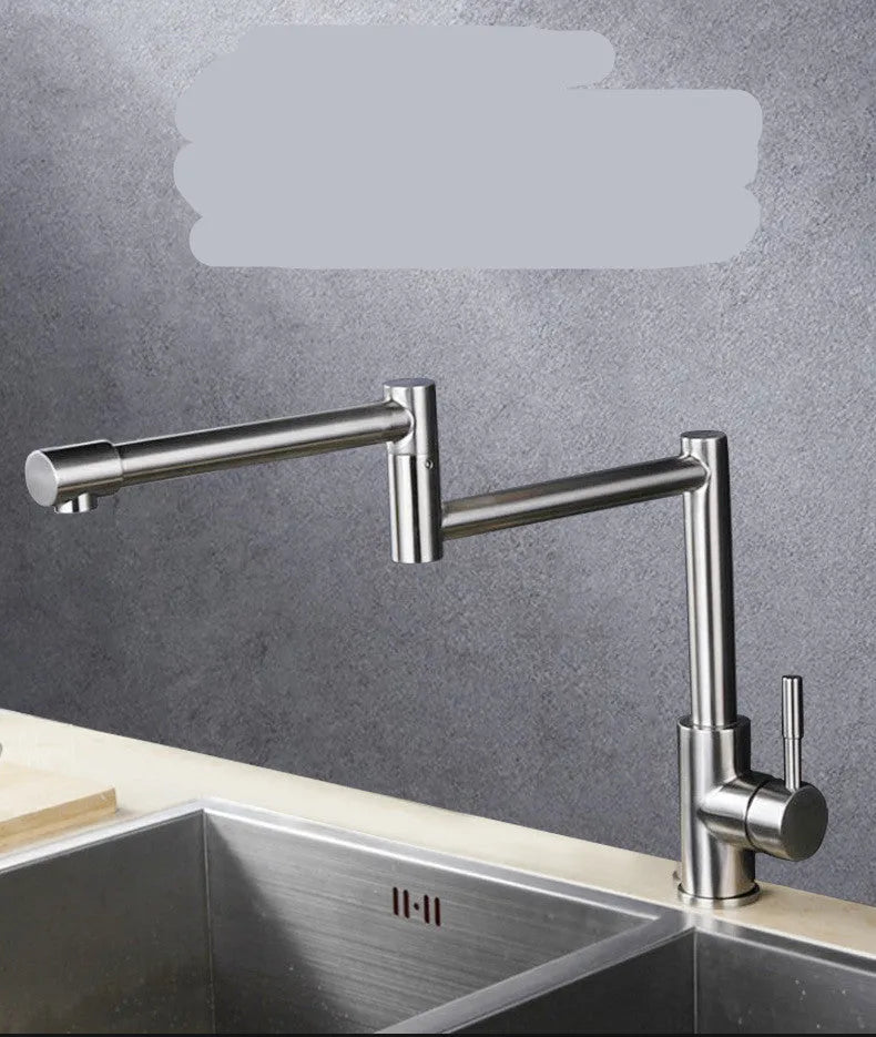 Silver stainless steel kitchen mixer tap with rotating spout and lift handle