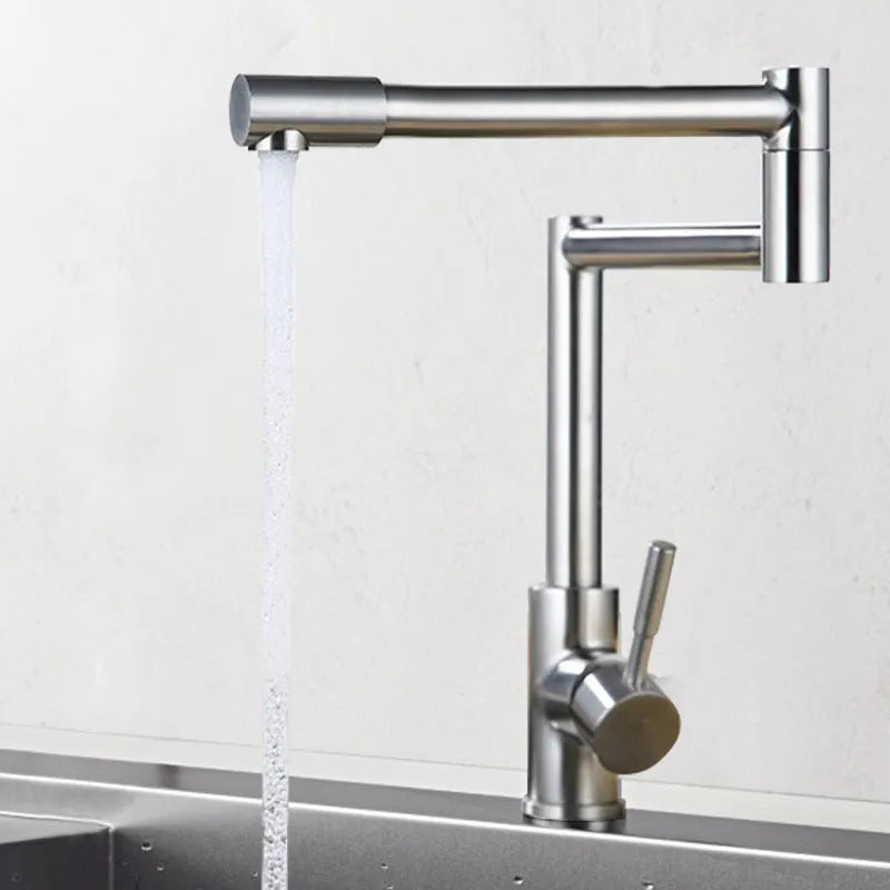 Silver stainless steel kitchen mixer tap with rotating spout and lift handle