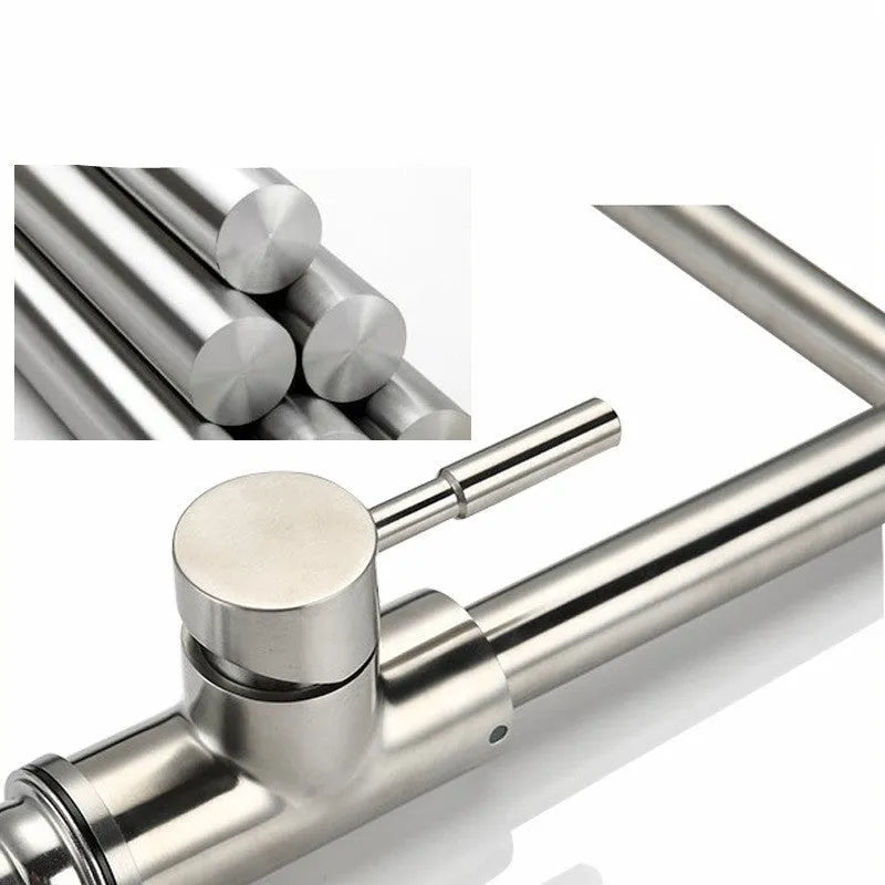 Silver stainless steel kitchen mixer tap with rotating spout and lift handle
