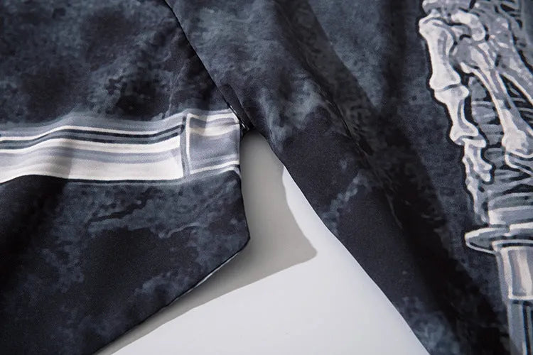 Men's black loose-fit cardigan with demon print, lapel collar, thin polyester fabric, summer weight