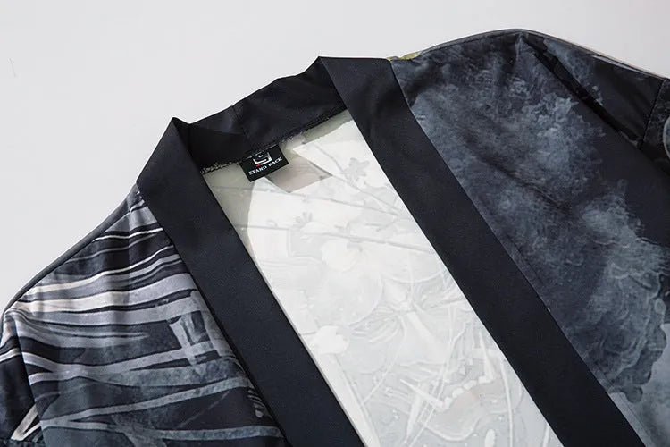 Men's black loose-fit cardigan with demon print, lapel collar, thin polyester fabric, summer weight