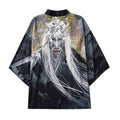 Men's black loose-fit cardigan with demon print, lapel collar, thin polyester fabric, summer weight