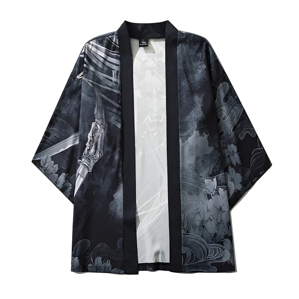 Men's black loose-fit cardigan with demon print, lapel collar, thin polyester fabric, summer weight