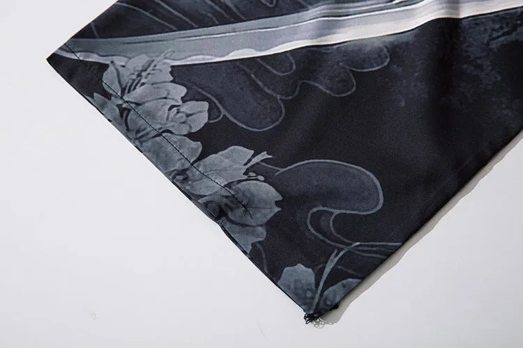 Men's black loose-fit cardigan with demon print, lapel collar, thin polyester fabric, summer weight